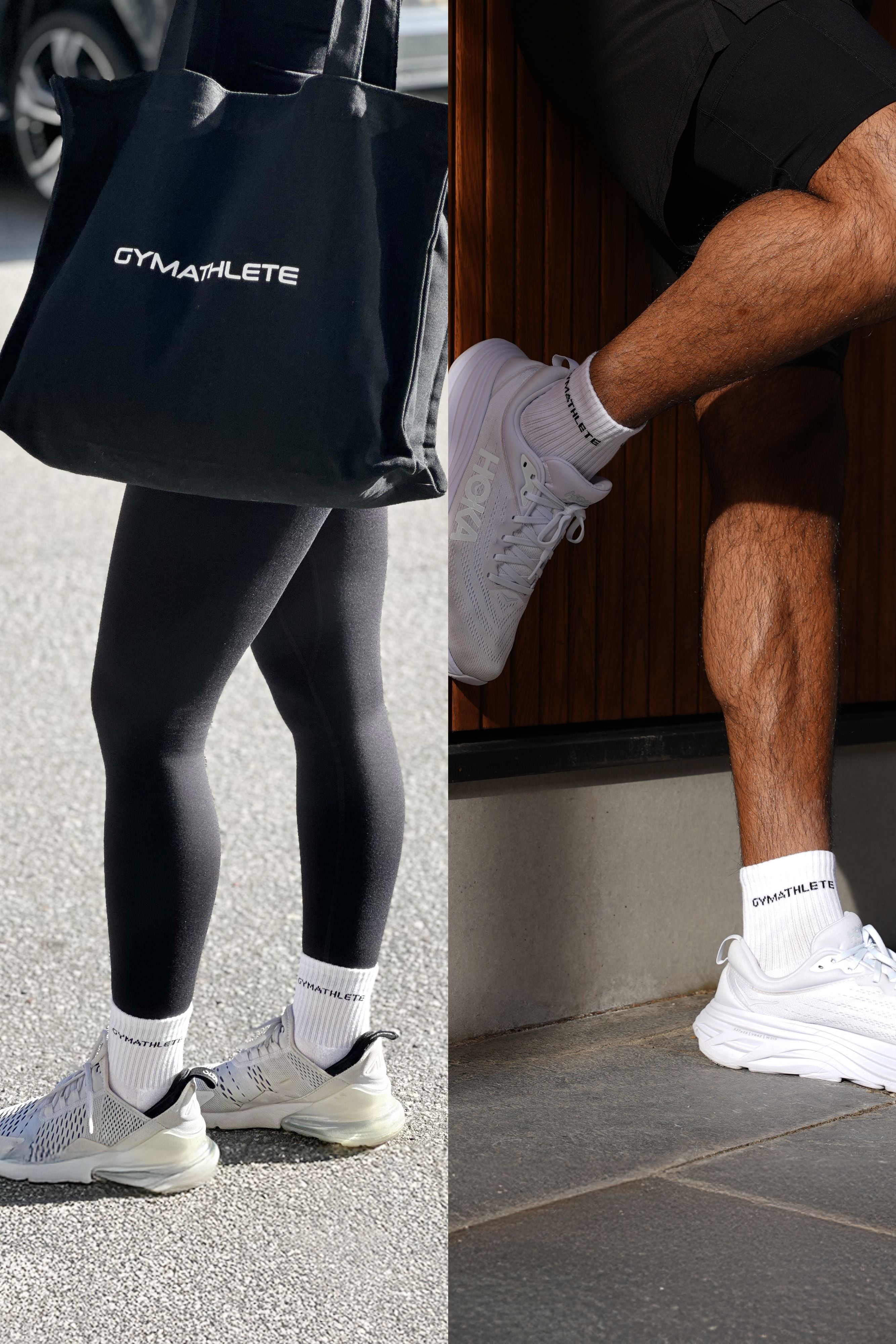 Person wearing black leggings, white sneakers, and a black bag with 'GYMATHLETE' branding. Leggings - shorts - 2in1shorts - Gymathlete - Pulse leggings