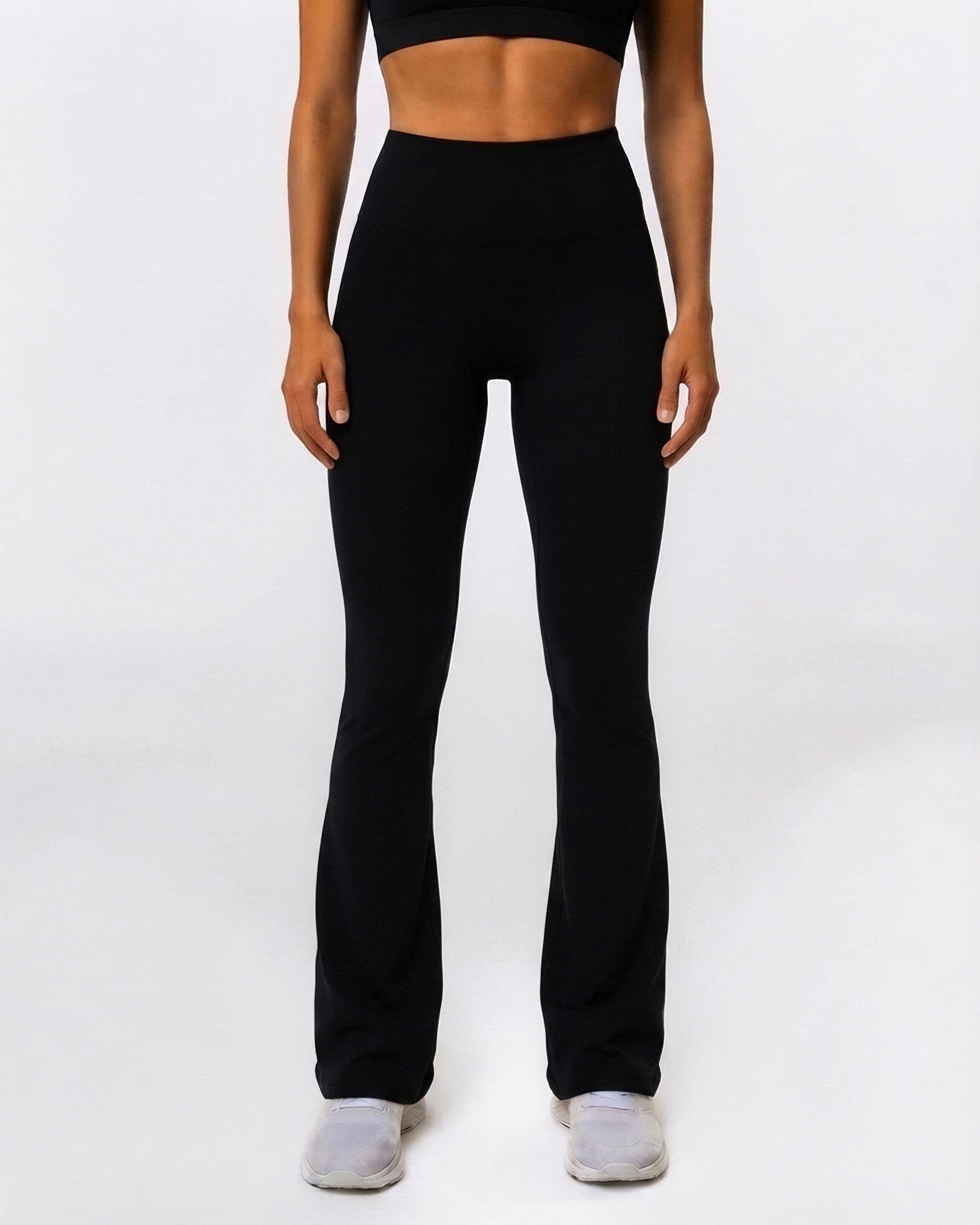 Gymathlete Pulse Flared Leggings in black – high-waisted flared gym leggings for women, front view