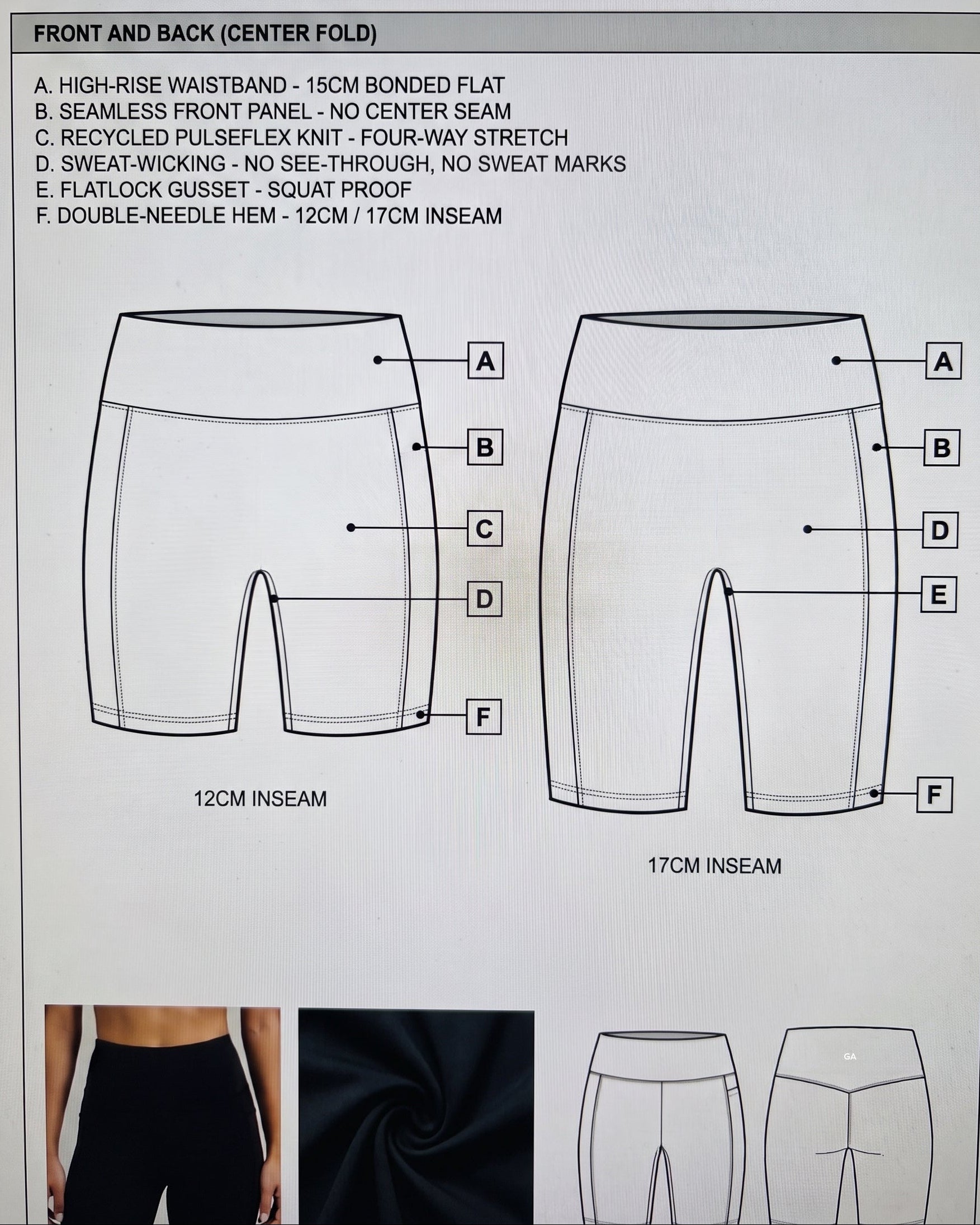 Gymathlete Pulse Shorts tech pack showing 12cm and 17cm inseam, seamless front panel and flatlock gusset