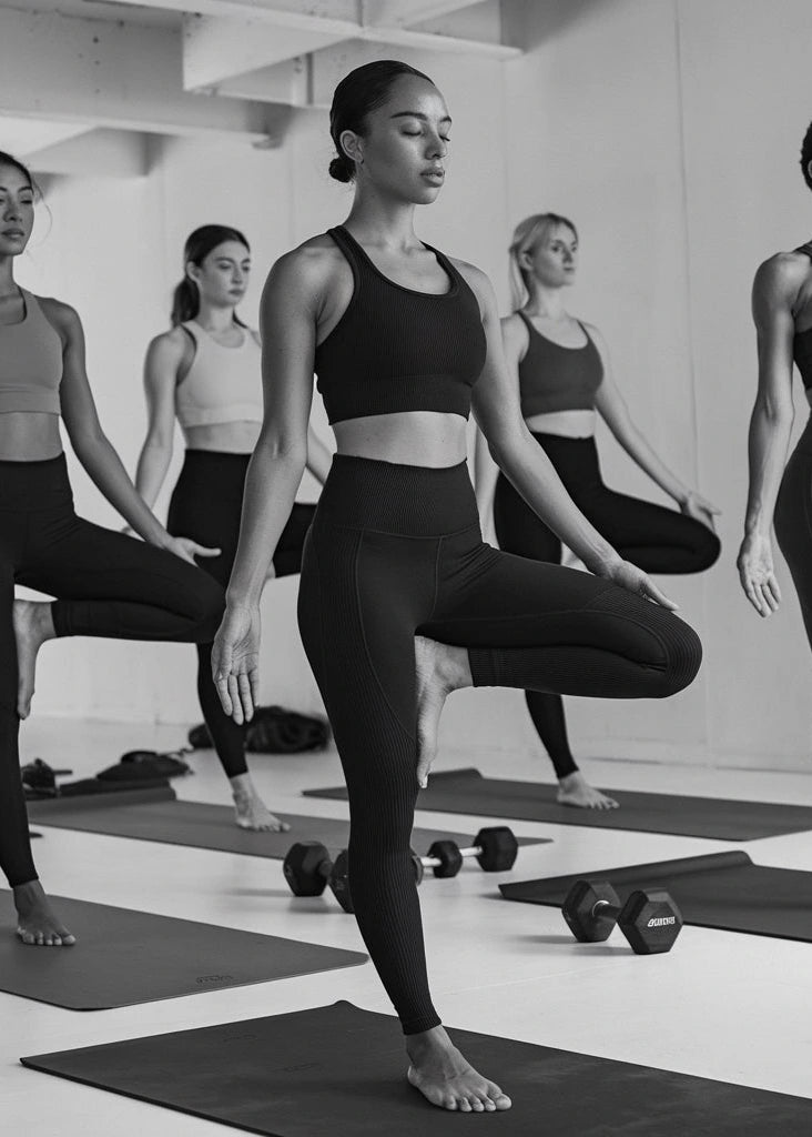 Group of women practicing yoga in a minimalist studio, wearing premium seamless Gymathlete activewear, including leggings and sports bras. The scene emphasizes focus, balance, and discipline in a modern, functional space