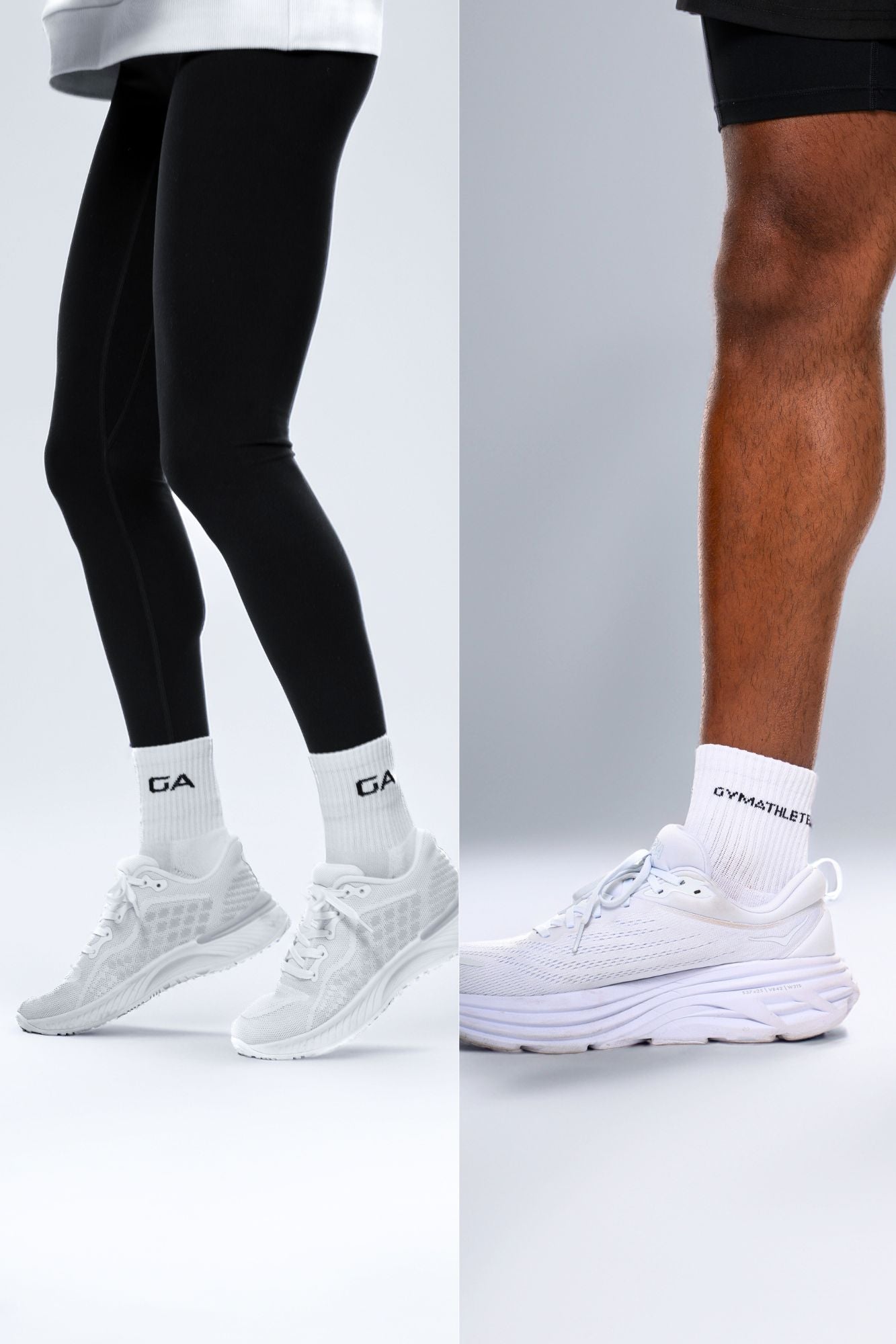 Two people wearing black leggings and white sneakers with visible brand logos on a gray background.

Gymathlete - women - men - accessories.