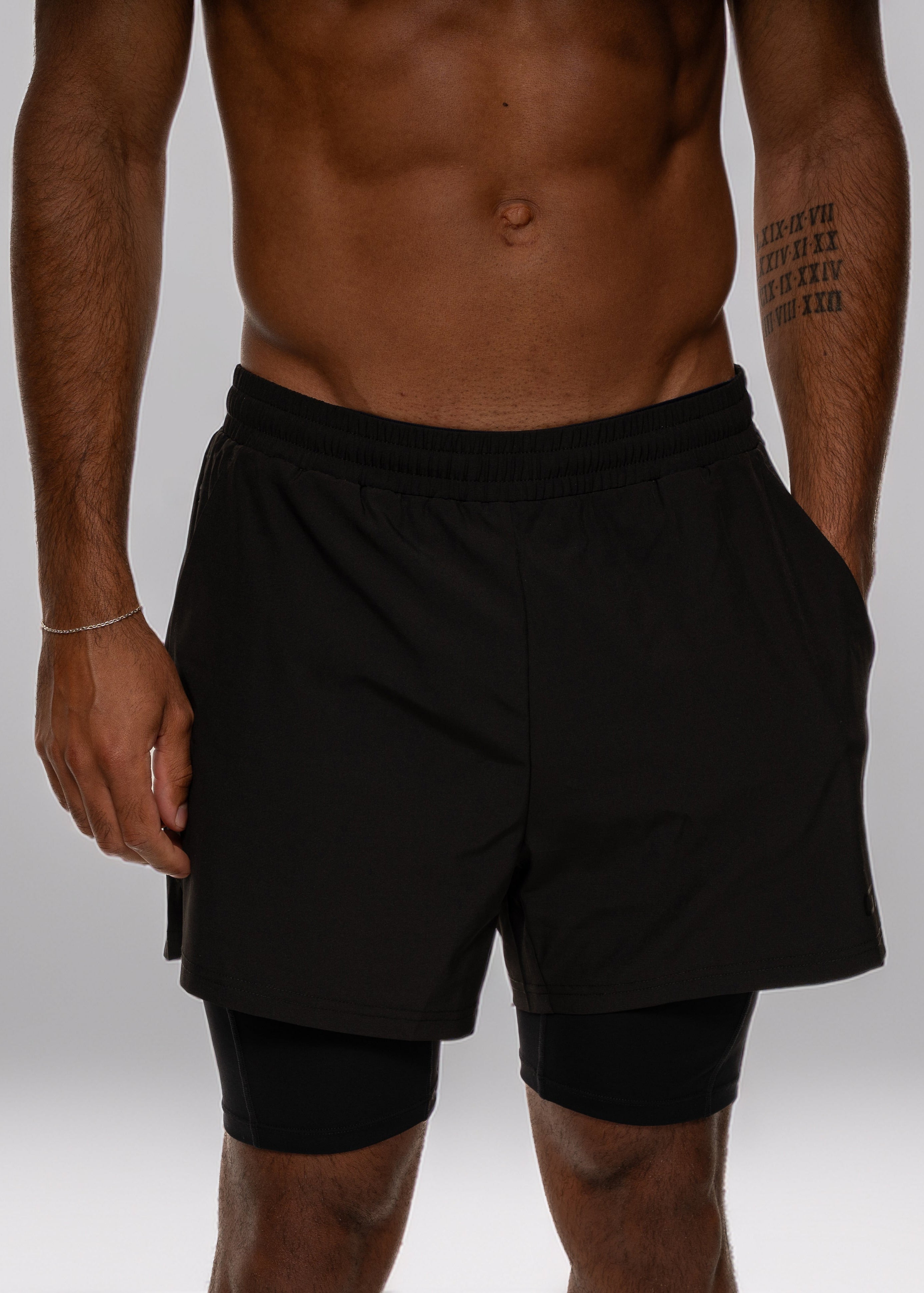 Person wearing black athletic shorts on a plain background. Gymathlete 2in1 shorts