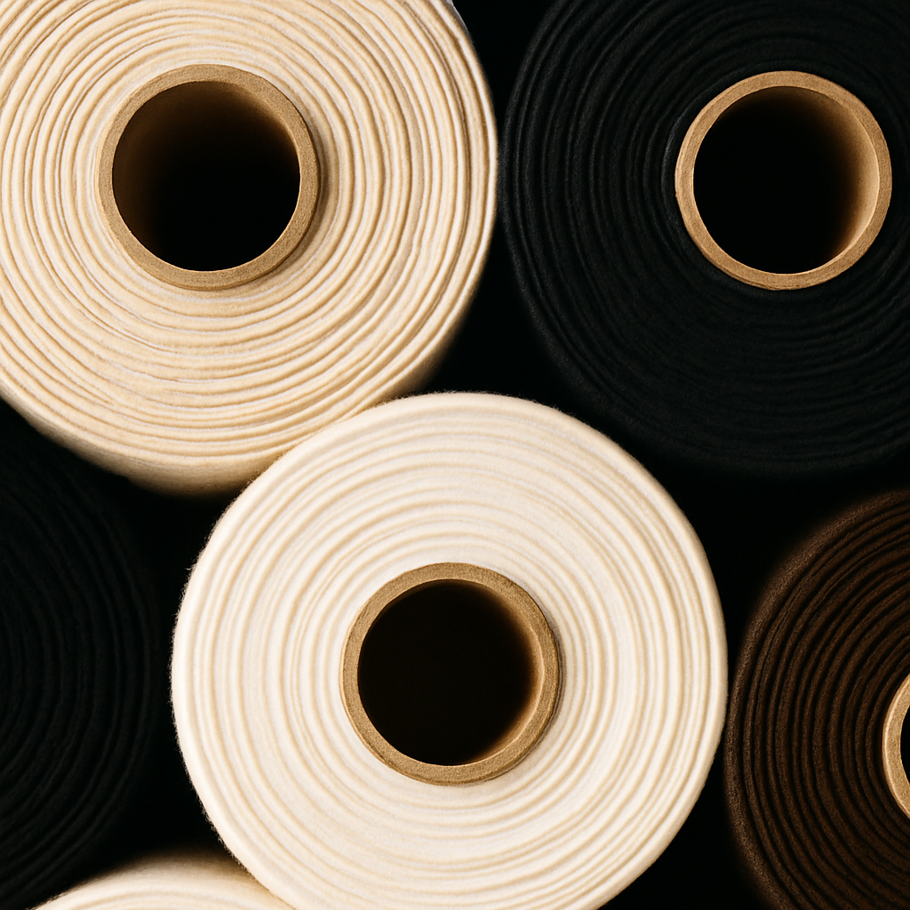 Rolls of fabric in beige, black, and brown on a dark background. Gymathlete