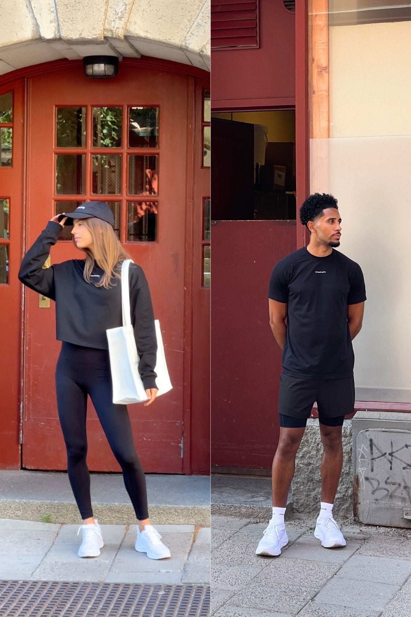 Two people wearing black outfits standing in front of different buildings. - Women - men - Gymathlete - Pulse leggings - 2in1 shorts - Elevate T-shirt - Flow crop sweatshirt