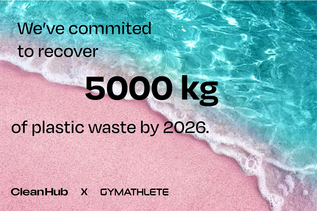 Beach and ocean image highlighting Gymathlete’s partnership with CleanHub, committed to recovering 5000 kg of plastic waste by 2026, supporting ocean conservation and sustainable practices in the world