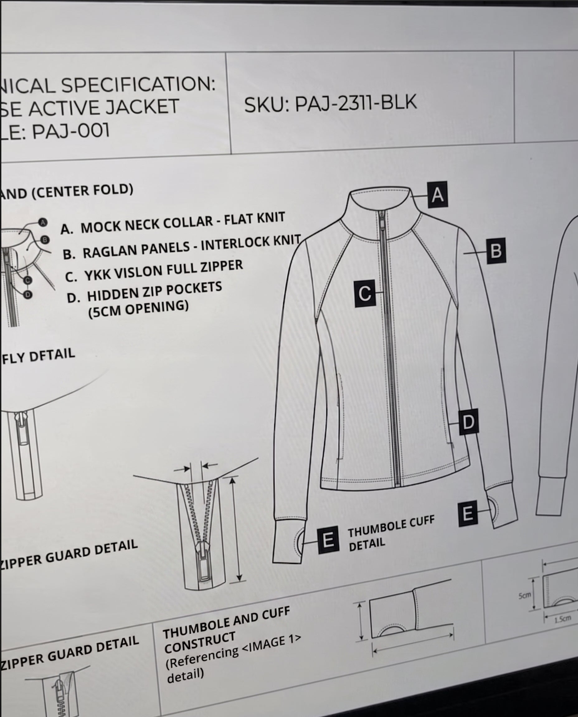 Gymathlete Pulse Active Jacket tech pack showing mock neck collar, YKK zipper and thumbhole cuff detail, women