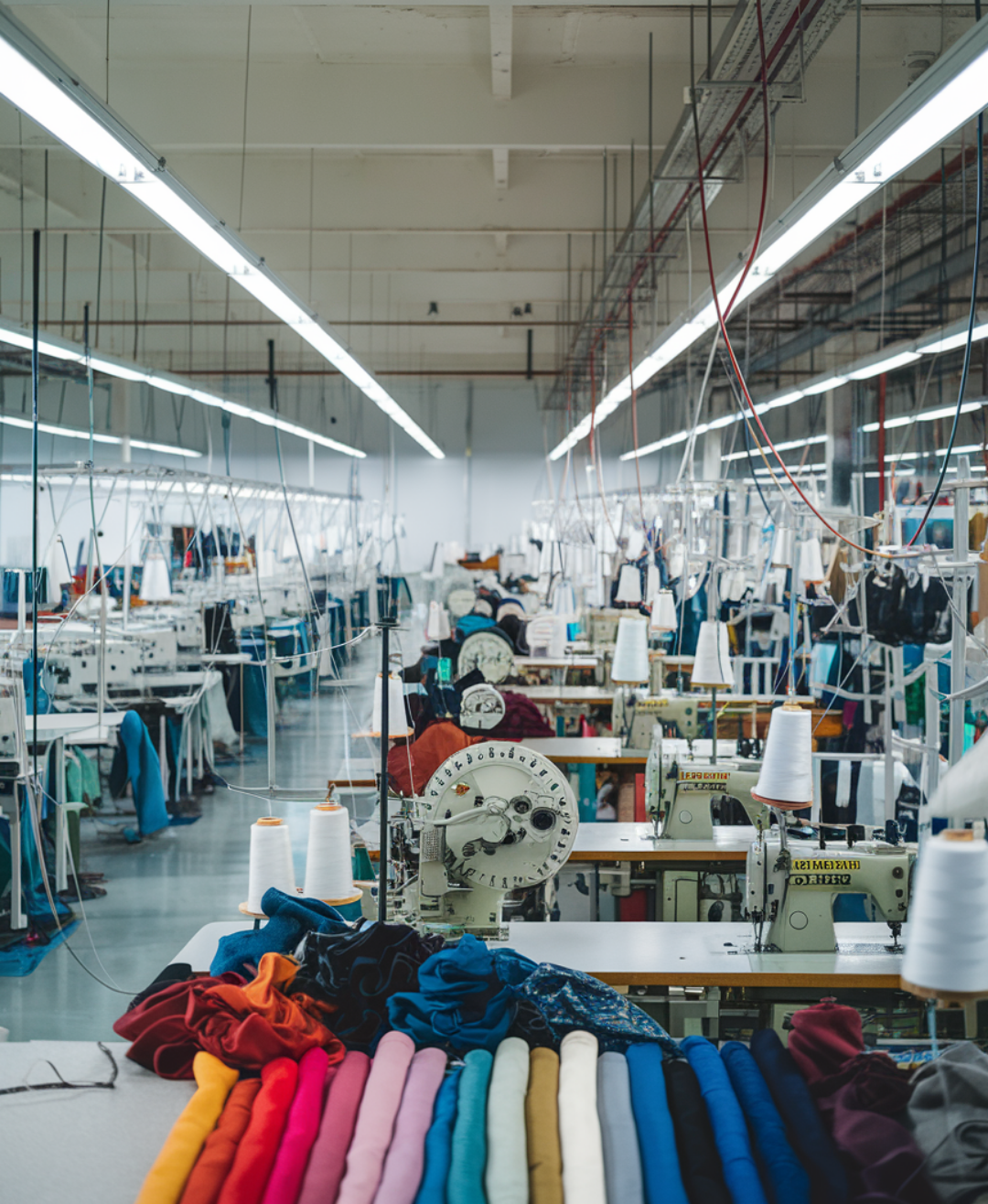 A brightly lit factory producing sustainable activewear, showcasing sewing machines and colorful fabrics, reflecting Gymathlete’s commitment to ethical manufacturing and eco-friendly practices in the world